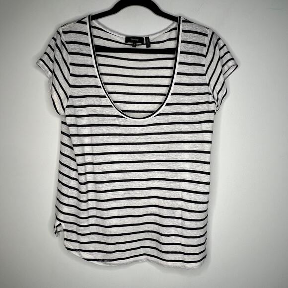 Theory Black & White Stripe Linen Scoop Neck T-Shirt Size Large - Picture 3 of 9